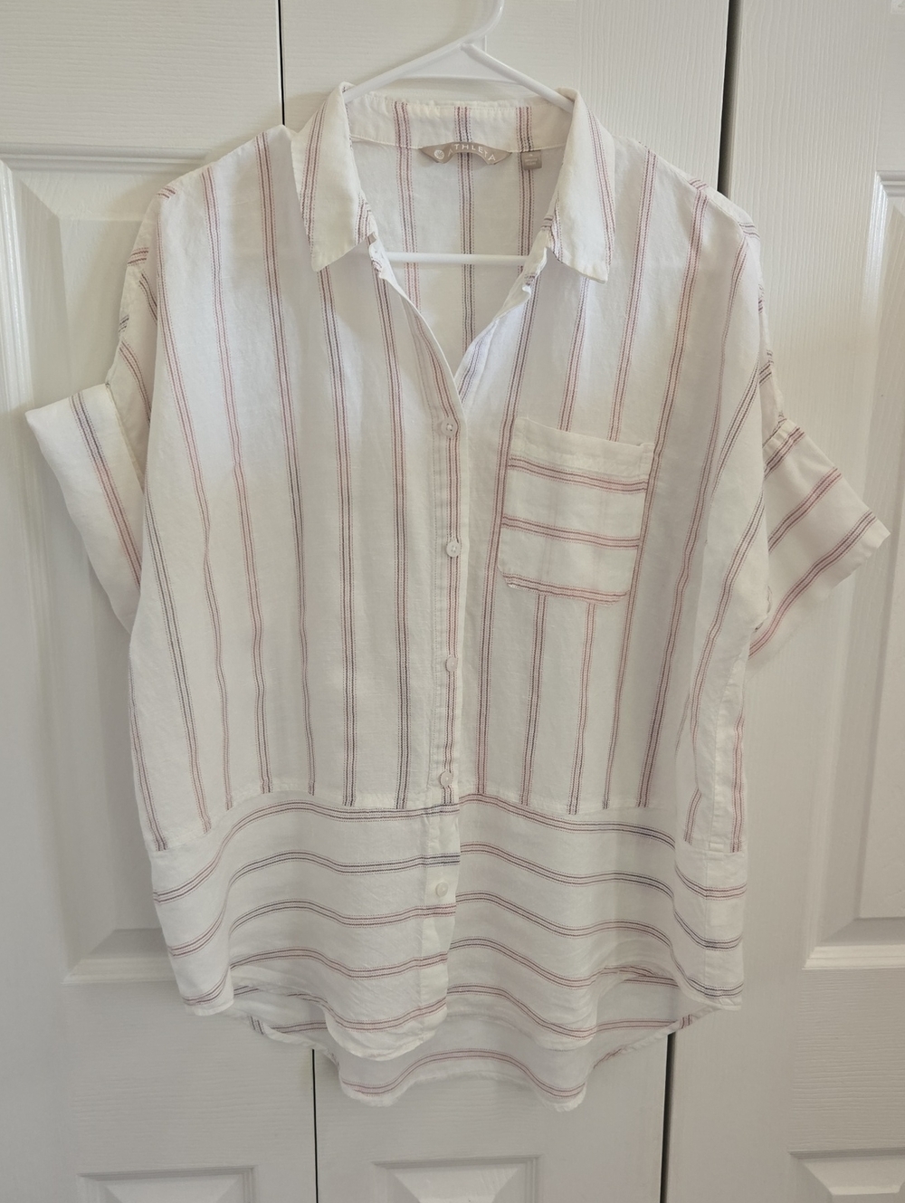 Athleta Linen Blend White Button-Up Shirt with Multi-color Stripe